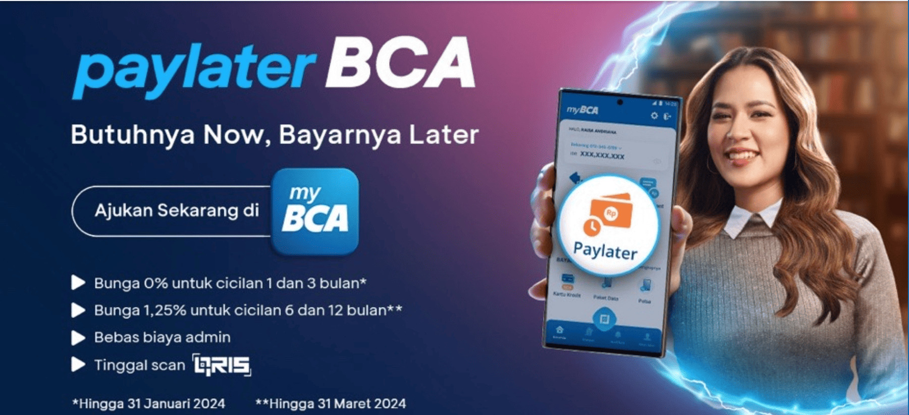 Ilustrasi seseorang menggunakan aplikasi myBCA untuk Paylater BCA
